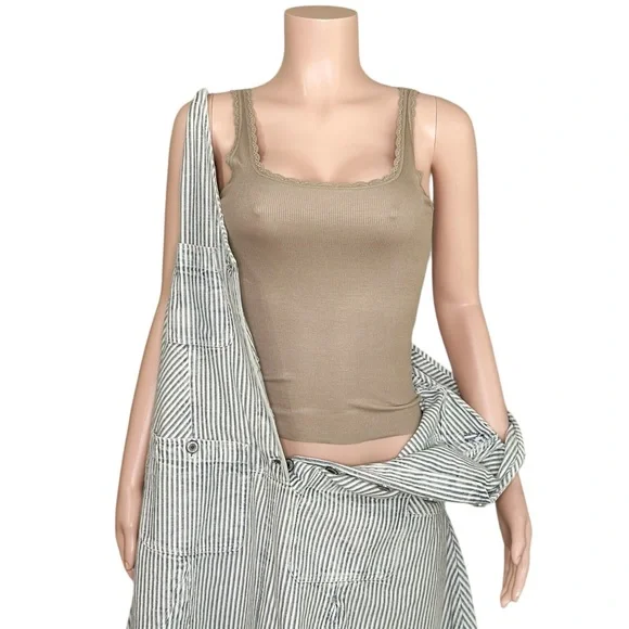 JOAH BROWN Scoop Neck Tank W/ Lace Trim, Taupe Rib, SM - Picture 7 of 11